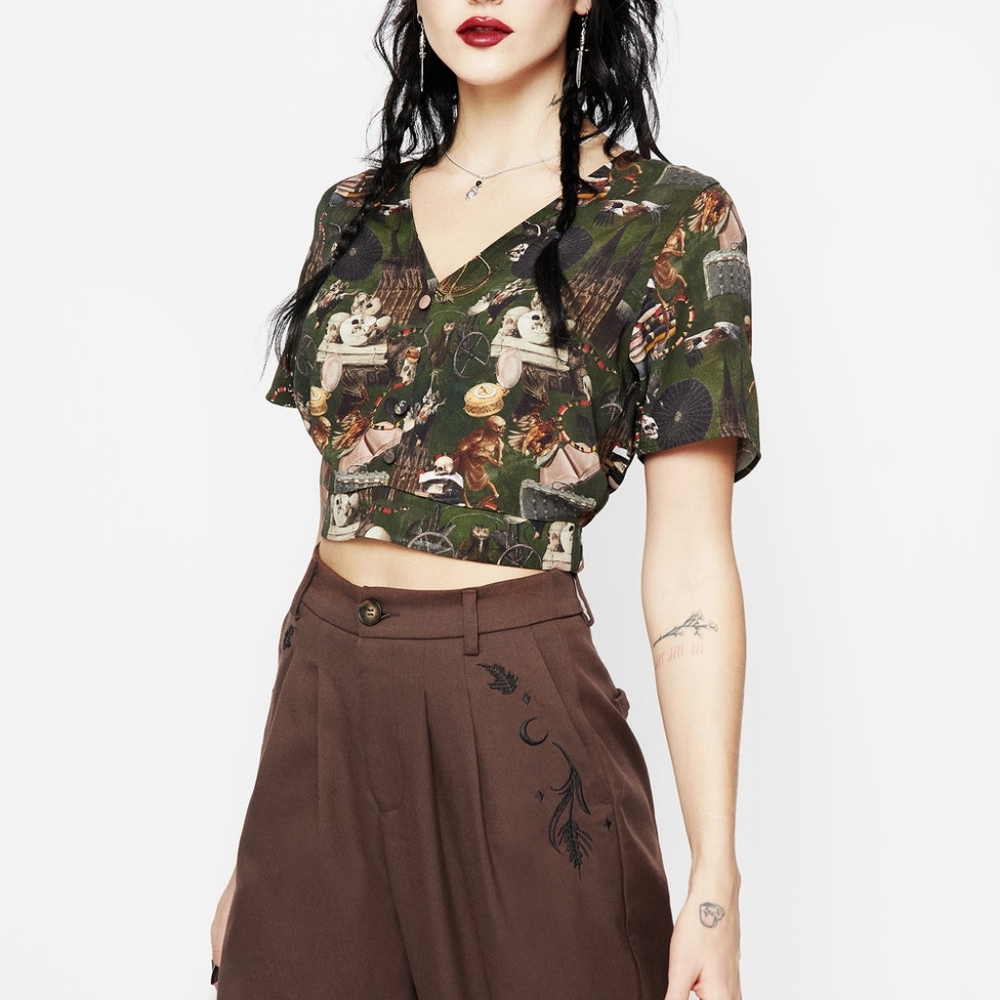 Maleficium Printed Button Up Crop Top